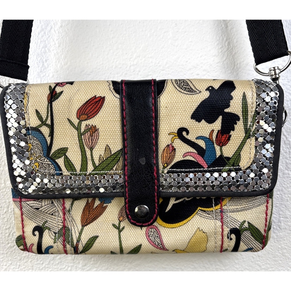 VTG Sakroots Crossbody Shoulder Purse Peace Floral Boho Sequins Coated Canvas